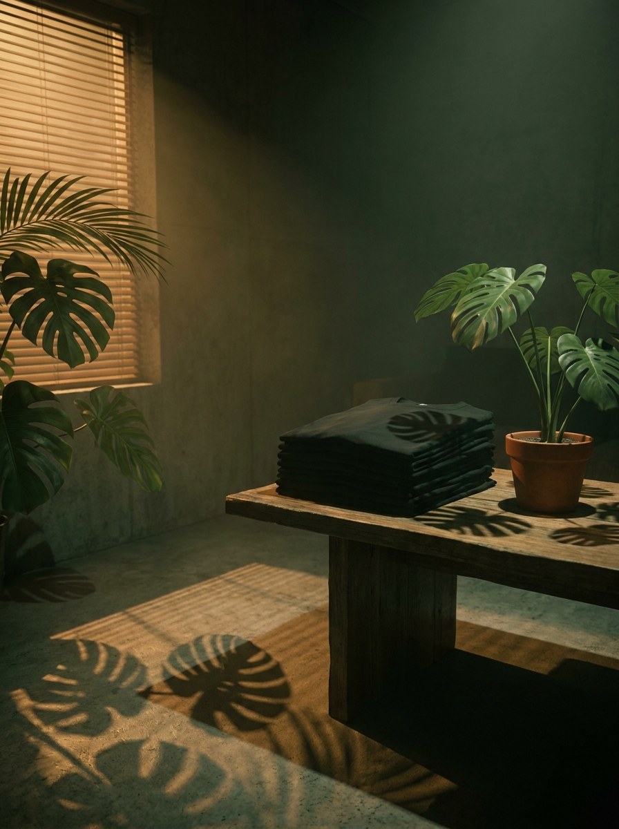 Folded tees beside a monstera